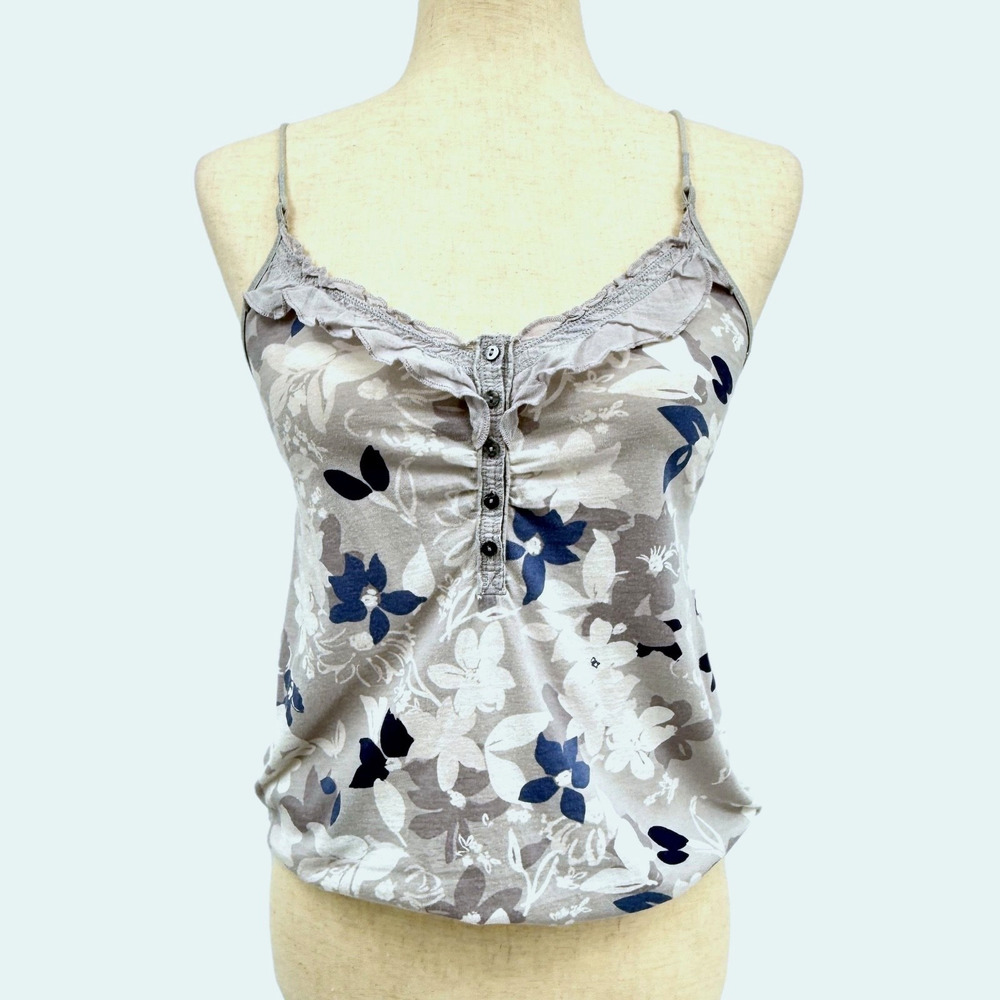 Abercrombie Floral Camisole Y2K‎ Women's L Gray Blue White Ruffle Trim Buttons